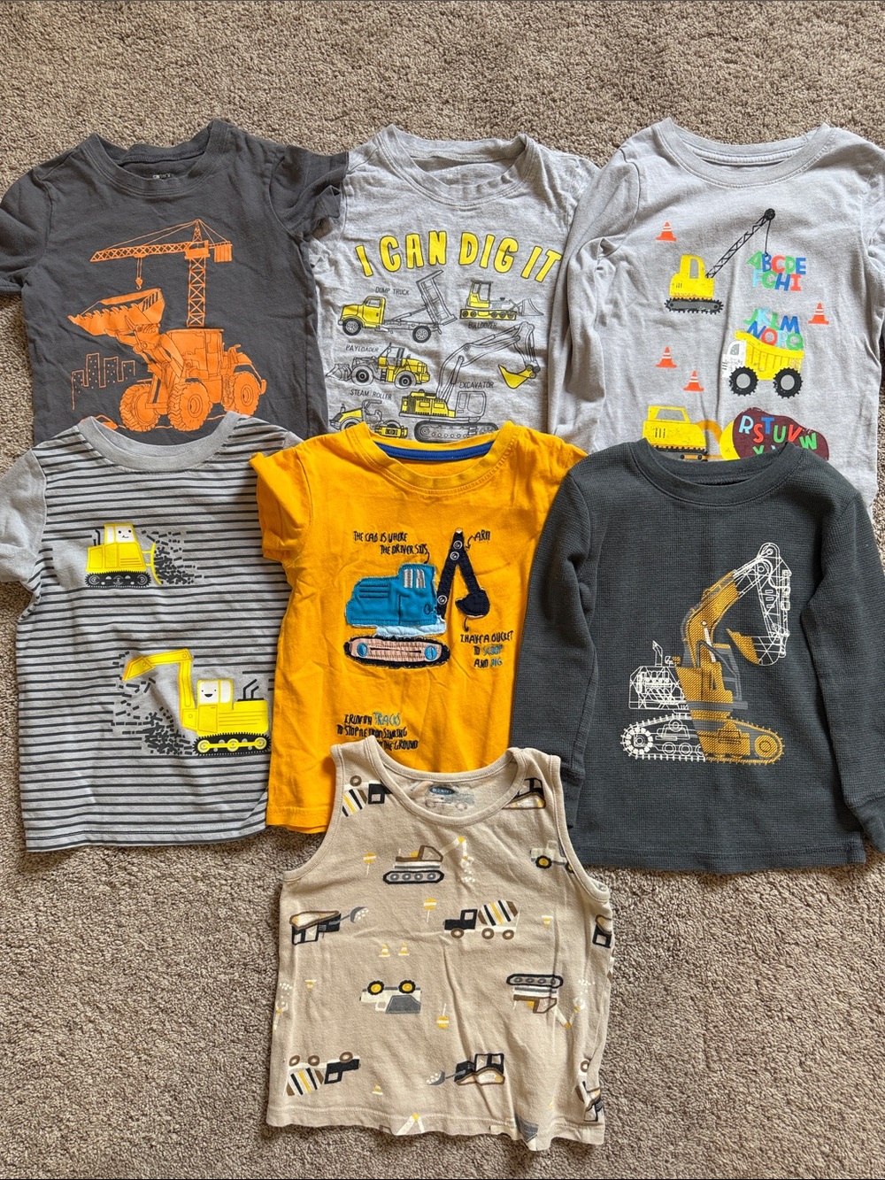 7 piece Boys Construction Truck Shirt Bundle - Gray, Yellow, Orange, Blue